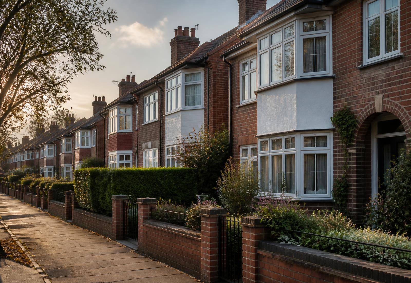 A row of traditional British brick houses on a quiet residential street in Essex